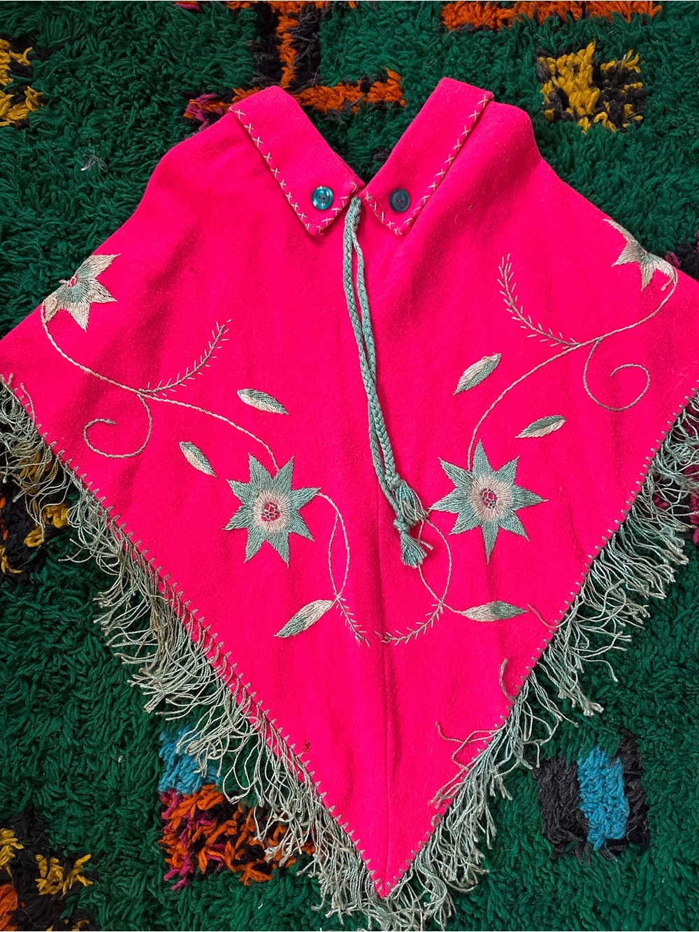 VINTAGE Hot Pink Embroidered Fringe Poncho
